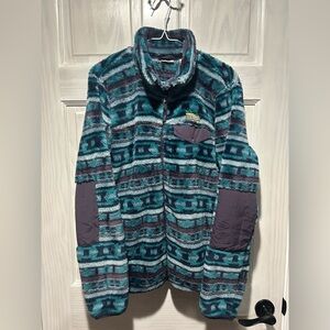 L.L. Bean Teal and Dark Purple Patterned Fleece Jacket